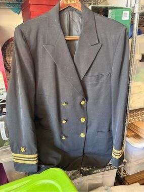 Men's Double-Breasted Black Naval-Inspired Blazer with Gold Trim